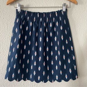 J.Crew Printed Scalloped Sidewalk Skirt Women’s 00 Blue Linen Cotton Elastic